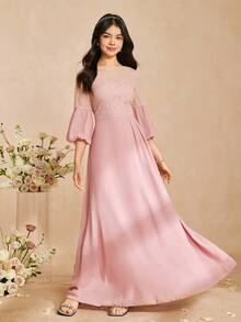 Elegant Flowing Lace Patchwork Chiffon Long Sleeve Waist Flared Long Dress, Suitable For Weddings, Formal Occasions, Parties, Performances, Birthdays, All Seasons - Pink - View 3