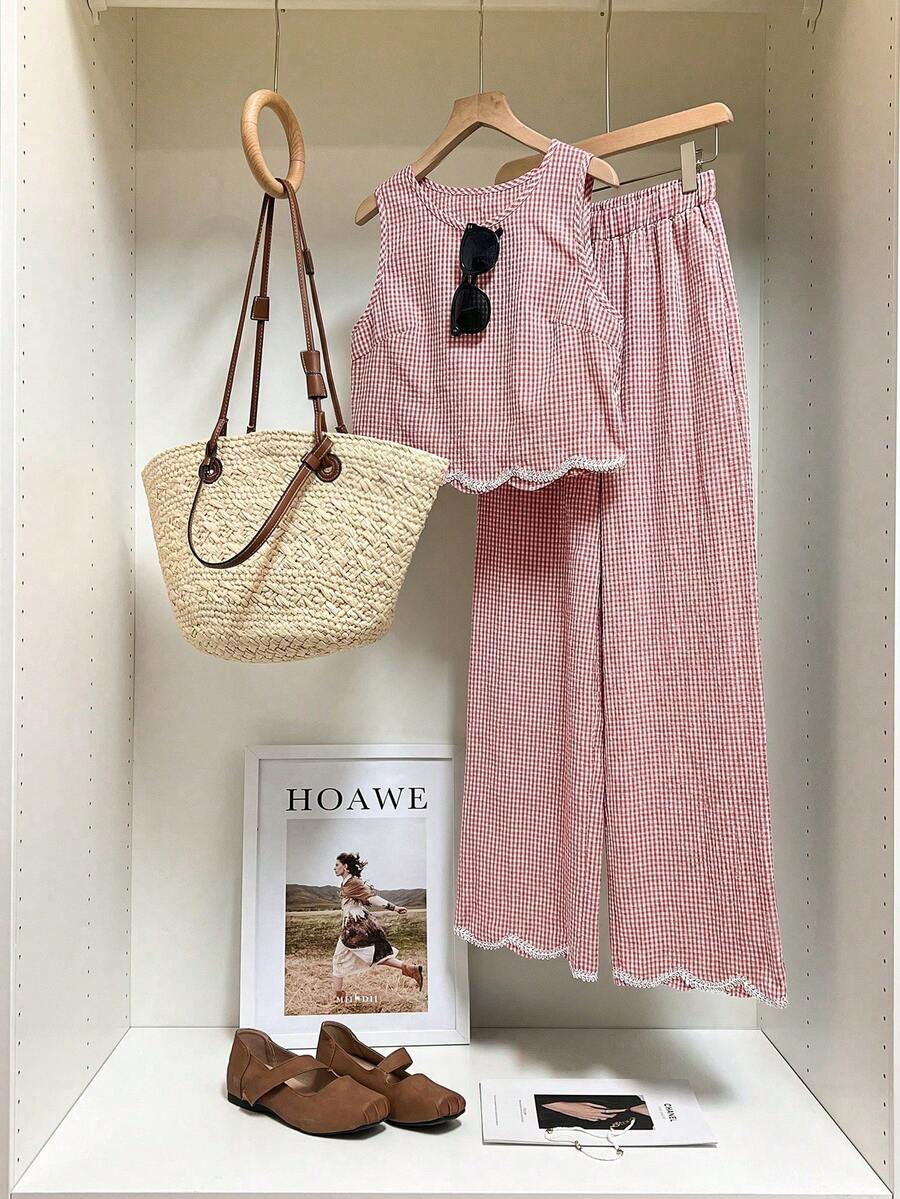 SHEIN Frenchy 女士休闲背心和阔腿裤两件套 - 棕色 - 查看 1