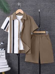 SHEIN Tween Boy Striped Print Shirt & Shorts Without Tee - Camel - View 5
