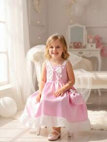 女童蝴蝶结荷叶边下摆夏季连衣裙，1件装 - 粉色 - 查看 4