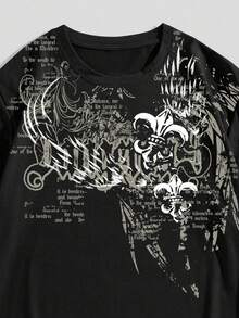 ROMWE MEN Street Life Teen Boy Letter Print Round Neck Short Sleeve Casual Loose Versatile T-Shirt - Black - View 3