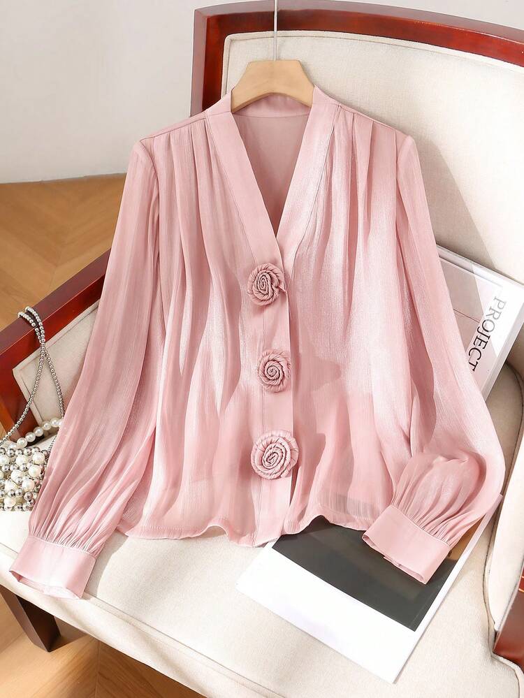 Women's Solid Color Minimalist Daily Wear V-Neck Long Sleeve Shirt With 3D Floral Decor