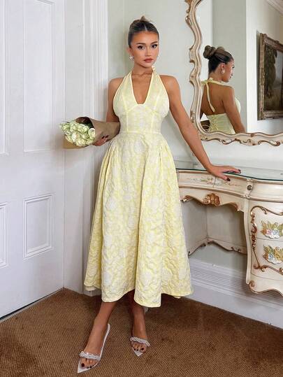 SHEIN Romantic Vintage 3D Embossed Floral V-Neck Sleeveless Flared Dress For Women