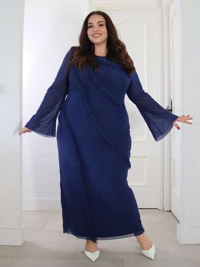 Pretty and Ole 大码女式圆领长袖网眼紧身连衣裙，适合鸡尾酒会、浪漫约会、婚礼、伴娘、晚宴、万圣节、圣诞节、秋冬