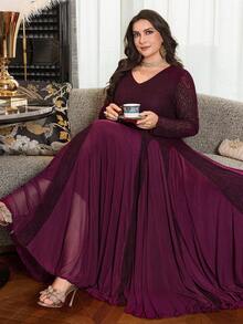 Modelyn Plus Size Women Plus Size Hem Slit Comfortable Soft Lined Lace Hollow Round Neck Long Sleeve Dress - Burgundy - View 7
