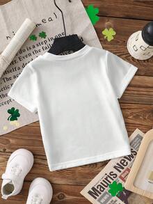 Young Girl Casual Minimalist Fashion Short Sleeve T-Shirt, St. Patrick's Day Bow Design Pattern, St. Patrick's Day T-Shirt, Clover Bow, Fashionable Round Neck Short Sleeve T-Shirt Suitable For Spring And Summer, Comfortable And Relaxed, Summer Wear, Casual Fashion, Spring And Summer Street Wear, Outdoor Picnic, Street Photography, Campus, Holiday, Gift - White - View 4