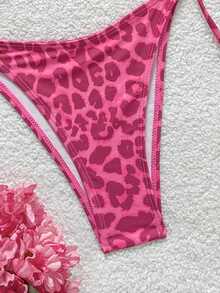 Soleia 女士豹纹撞色系带串珠装饰比基尼两件套，度假装 - 玫紅色 - 查看 7