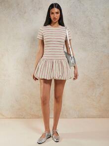 COSMINA 女士条纹圆领短袖荷叶边迷你连衣裙 - 彩色 - 查看 4