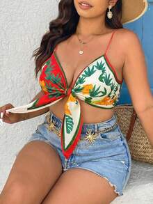 SHEIN VCAY Plus Size Women Printed Minimalist Casual Camisole Top - Red - View 4