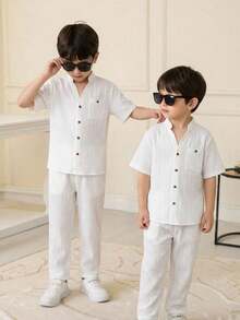 SHEIN 2 piezas Conjunto informal de vacaciones para niño preadolescente, versátil, de unicolor, tela texturizada, camisa y pantalones a rayas de onda blanca, adecuado para ir al trabajo, la escuela, el uso diario casual, deportes, primavera/verano - Naranja - Ver 9
