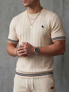 Airaco 夏季庆典季男士刺绣米色条纹针织Polo衫，街头休闲舒适装扮 - 杏色 - 查看 8