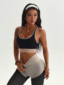 SHEIN Sports Dewbera 女士无缝撞色云朵运动文胸瑜伽吊带背心 - 黑色 - 查看 6