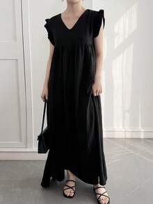 DAZY Women's V-Neck Cap Sleeve Plaid Patchwork Loose Mid-Length Dress - Black - View 2