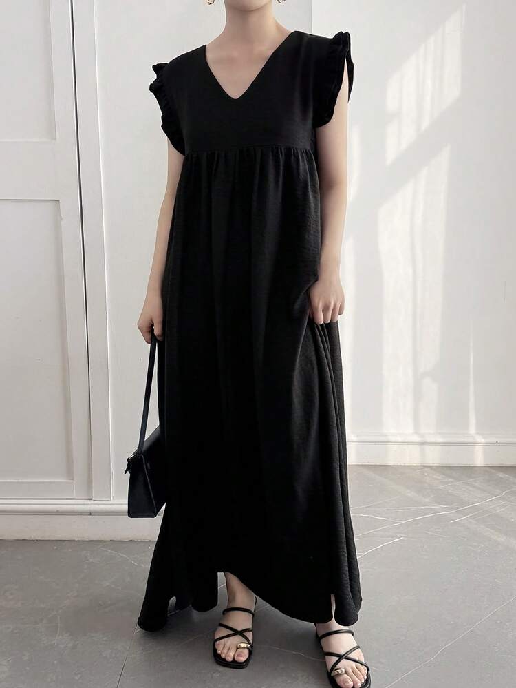 Women's V-Neck Cap Sleeve Plaid Patchwork Loose Mid-Length Dress Sundress Summer