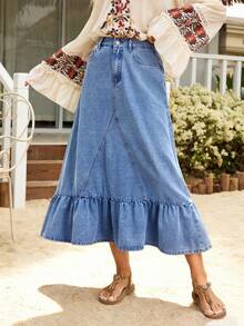 EMERY ROSE 女士休闲日常牛仔半身裙，荷叶边下摆，斜插口袋，秋季款 - 藍色 - 查看 3