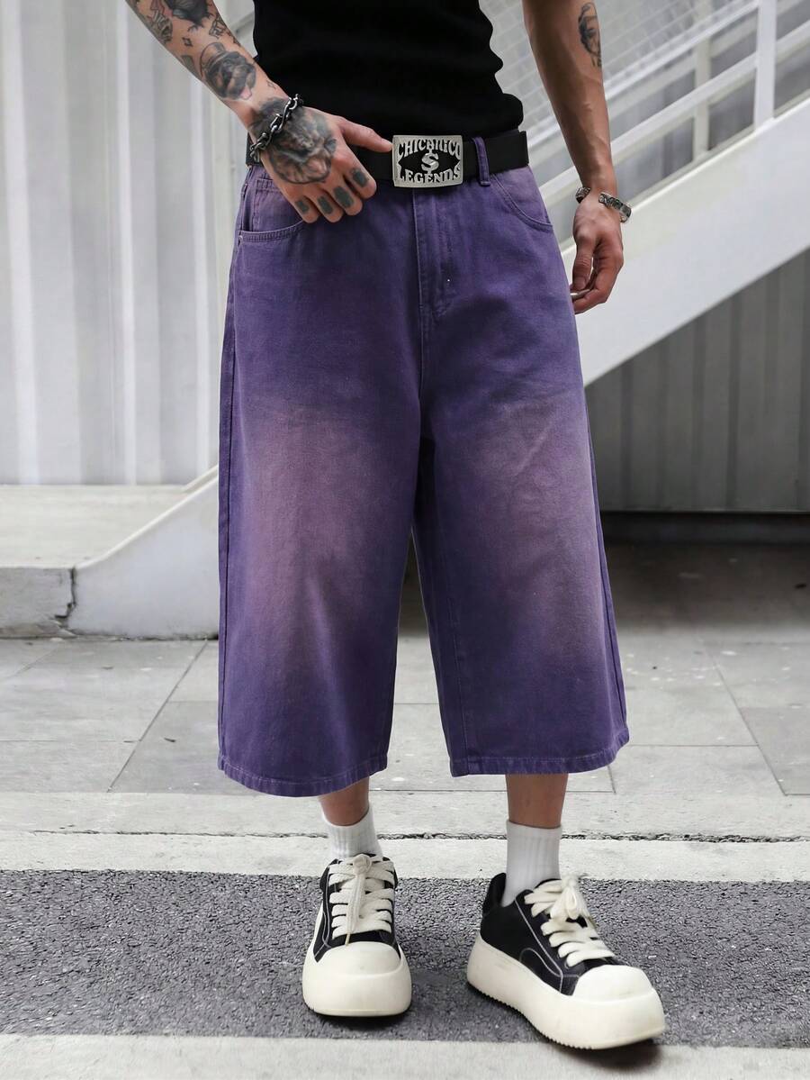 Manfinity EMRG Men's Simple Purple Casual Denim Shorts - Purple - View 1