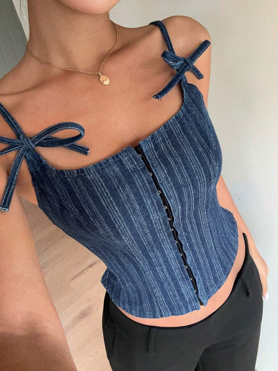 Siren Gaze Áo hai dây denim buộc dây kiểu dáng thường ngày dành cho nữ, thích hợp cho mùa hè. - Rửa trung bình - Xem 1