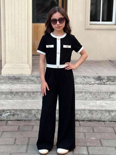 SHEIN Tween Girls' Casual Formal Elegant Back-To-School Black & White Contrast Pearl Button Top & Straight Leg Pants 2-Piece Set, French Chic Outfit