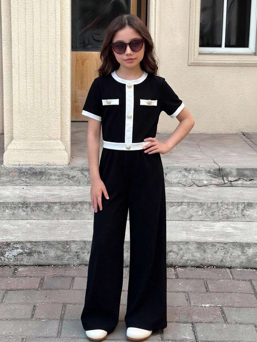 SHEIN Tween女孩休閒正式優雅返校穿搭,黑白對比珍珠鈕扣上衣與直筒長褲2件套,法式時髦套裝 - 黑色 - 查看 1