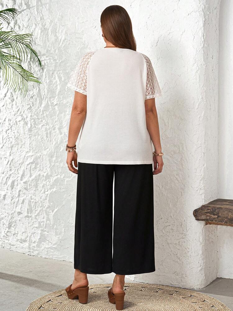 2pcs/Set Plus Size Women Lace Patchwork T-Shirt And Pants Set/Summer/Vacation,Summer Outfits, Spring Clothes Women ,Vacation Outfits Women ,Casual Outfit For Women,Summer Holiday Outfits ,Casual Sets For Women, French Style Clothes Women Modest Summer Tops White Tops For Women Plus Size Culottes Women Wide Leg Pants Woman Plus Modest Top Summer Tops Modest Summer Pants Sets For Women Plus Size Capri Pants 2 Pieces Casual Sets Woman Cruise Outfit For Women Plus Maternity Sets Summer Women Casual Outfits Women Summer Outfits Women Vacation Outfit Sets Women Spring Outfit Women Clothes Sets Wide Leg Pants Women High Waist Women's Summer Pants