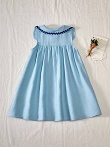 SHEIN Vintaside Kids 女童彼得潘领无袖褶皱优雅休闲夏季连衣裙 - 藍色 - 查看 2