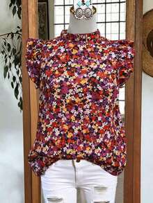 Linhara Blusa con cuello con volantes de estilo vintage con estampado floral colorido, adecuada para el mercado de fin de semana, el té de la tarde con amigos o citas. Nueva llegada de blusas, blusas y blusas para mujer, blusa con mangas con volantes, blusa con estampado floral - Multicolor - Ver 5