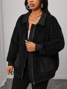 Truni Talla grande Abrigo teddy con doble bolsillo de hombros caídos cremallera - Negro - Ver 5