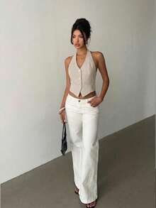 Aloruh 女士优雅纯棉无袖背心，性感深V领露背系带薄款西装外套，复古条纹单排扣装饰背心 - 杏色 - 查看 5