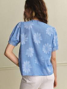 Écloséra Áo sơ mi nữ tay ngắn màu xanh dương kiểu Pháp cổ điển phối ren, áo mùa hè nữ, áo mùa hè nữ, áo ngoài trời nữ, áo thanh lịch nữ, áo đi nghỉ mát nữ, áo thường ngày nữ, áo có họa tiết nữ, áo xanh dương nữ, áo hoa nữ. - Màu xanh lam - Xem 6