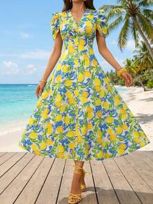 Ellevyn 女士新款优雅修身长裙，交叉领口，珍珠纽扣，泡泡袖，度假连衣裙，夏季新款连衣裙，女士连衣裙，度假夏季连衣裙，柠檬印花中长连衣裙，夏威夷风情连衣裙，泡泡袖连衣裙，送给妈妈的礼物，A字型女士度假连衣裙，女士夏季连衣裙，夏威夷连衣裙，女士短袖连衣裙 - 彩色 - 查看 3