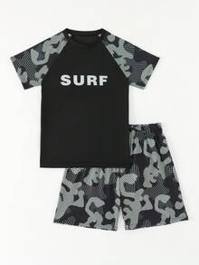 Boys' Printed Short Sleeve Rash Guard & Swim Trunks 2-Piece Swimsuit - Multicolor - View 6