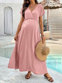 SHEIN Maternity Casual Solid Color Side Slit Dress - Baby Pink - View 5