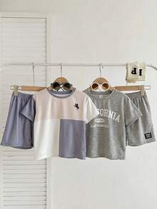 SHEIN 4pcs/Set Young Boy Casual Minimalist Round Neck Short Sleeve Shorts 2pcs Set, Suitable For Summer - Grey - View 4