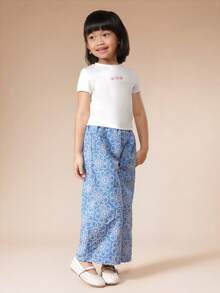 SUMWON Girls Short Sleeve White T-Shirt And Wide Leg Blue Floral Print Palazzo Pants Two Piece Summer Co-Ord Set - Blue - View 1