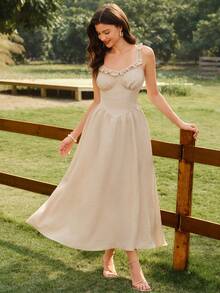 Vintamour Vintage Classic Elegant Floral Ruffle Hem Fit & Flare Dress, Apricot Color Umbrella Skirt Slip Dress For Spring/Summer - Apricot - View 7