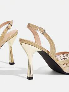 CUCCOO TILAWA 优雅女士尖头搭扣细高跟鞋 - 时尚性感水钻网眼透气别致百搭女士高跟鞋 - 适合婚礼、晚宴、派对和舞会 - 金色 - 查看 4