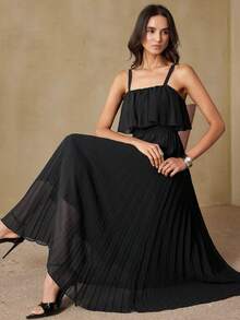Femmeiva Black Summer Elegant Party Night Spaghetti Strap Pleated Maxi Dress,High-Waisted Chiffon Sleeveless Ruffle Hem Gown For Evening Gala,Dates&Gatherings - Black - View 3
