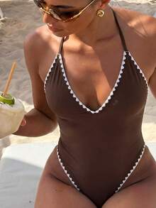 Vaytide Elegant Solid Color V-Neck Contrast Trim Decorated One-Piece Swimsuit, Suitable For Spring/Summer Vacation - Coffee Brown - View 1