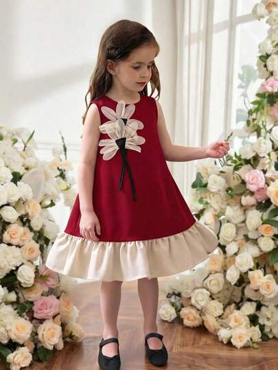 Elladie kids Girls' Elegant Sweet Sleeveless Round Neck Midi Dress, Burgundy Body With Ivory Ruffle Hem, 3D Daisy Decor + Pearl Accent, Graceful Lady Style For Birthday Party, Family Gathering, Outing. Girls' Summer New Pearl Bow Sleeveless Ruffle Hem A-Line Dress, Fashionable Elegant Princess Style For Commuting