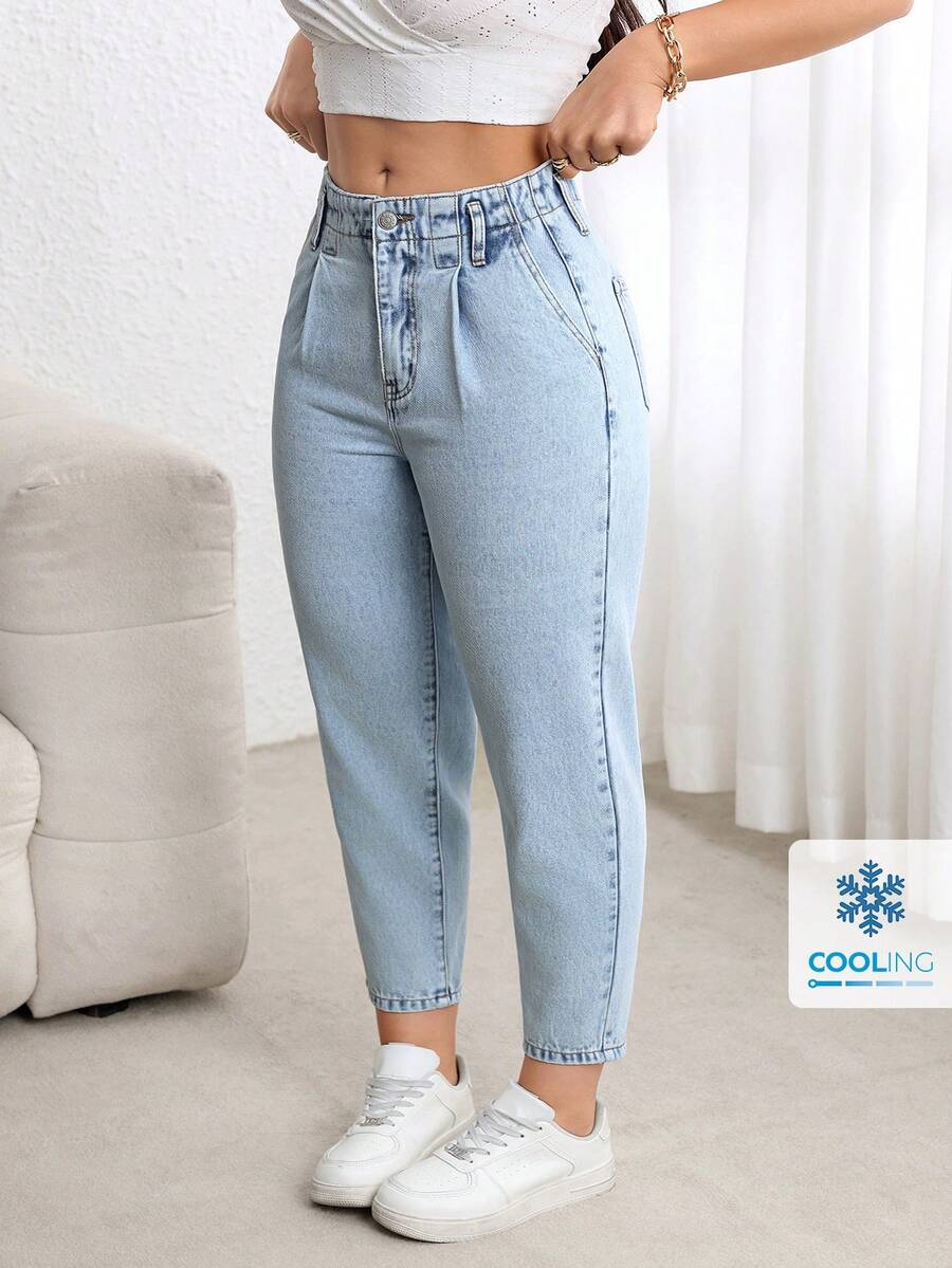 EMERY ROSE Plus Size Women's Casual Denim Tapered Pants, Non-Stretch, Discounted - Light Wash - View 1