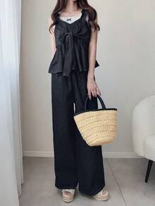 FRIFUL Women's Casual Denim Set With Knotted Design Blouse And Wide Leg Pants - Dark Grey - View 2