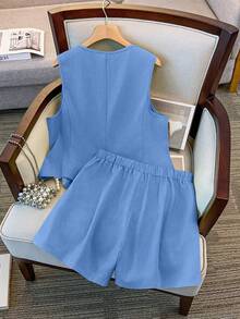 SHEIN Clasi Plus Size Solid V-Neck Button Front Tank Top And Shorts 2 Pieces Set - Dark Wash - View 2