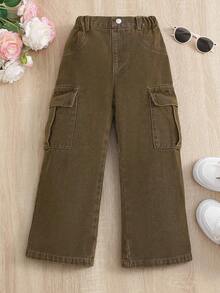 Young Girl' Street Baggy Pocket Wide Leg Cargo Jeans Fall Winter - Coffee Brown - View 1