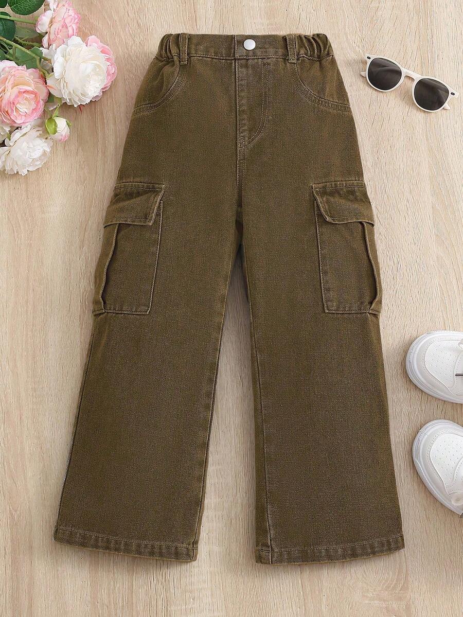 Young Girl' Street Baggy Pocket Wide Leg Cargo Jeans Fall Winter - Coffee Brown - View 1