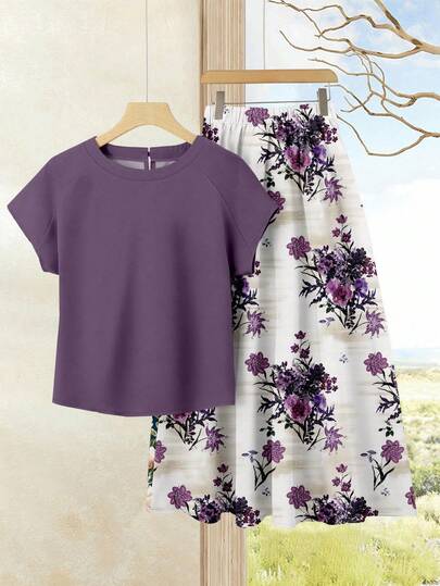 Rusticease 2pcs/Set Women Floral Purple Vacation Casual Solid Color Top + Printed Skirt Set, Women Summer Set, Summer Skirt Set, Skirt Top Set, Women Skirt Top Set, Printed Skirt Set Spring,Casual