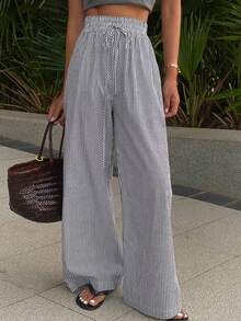 DAZY Women's Waist Tie Striped Pocket Wide Leg Loose Casual Pants - Black - View 4