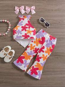 SHEIN LMoss Kids 女婴无袖碎花休闲夏季前长后短背心套装 - 白色 - 查看 8