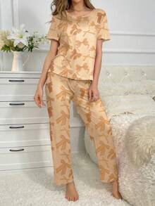 SHEIN 粉色蝴蝶印花短袖睡衣套装 - 彩色 - 查看 4