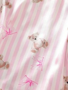 女童条纹小熊印花仿丝吊带背心和短裤两件套睡衣套装 - 彩色 - 查看 3