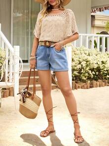 Breezaya 女士时尚翻边口袋牛仔短裤 - 藍色 - 查看 5